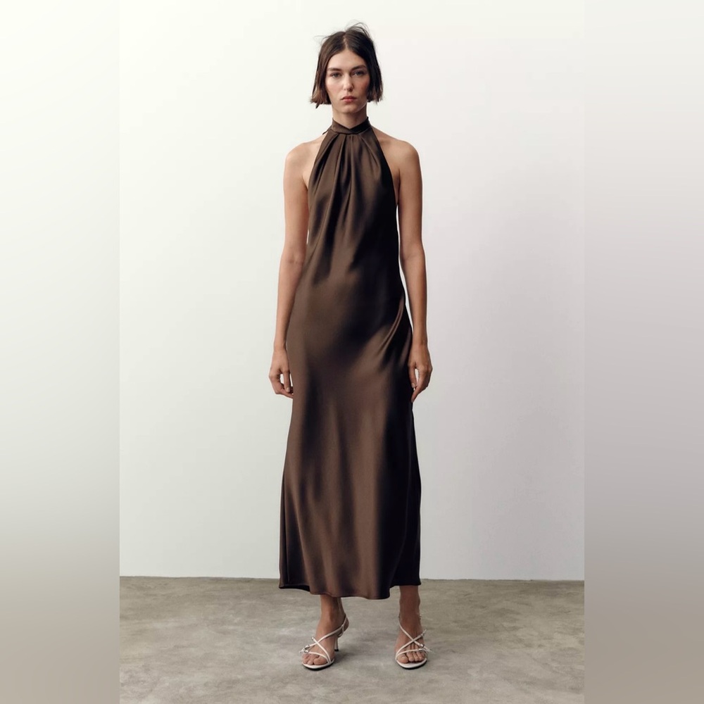 Zara Brown Pleated Halter Slip Dress